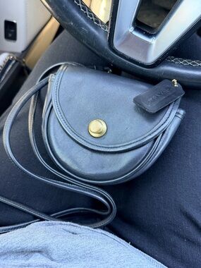 Vintage Coach Black Leather Crescent Crossbody with Gold-Tone Snap